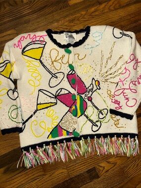 Lilly Pulitzer White Multicolor Embroidered Fringe Cardigan with Green Buttons